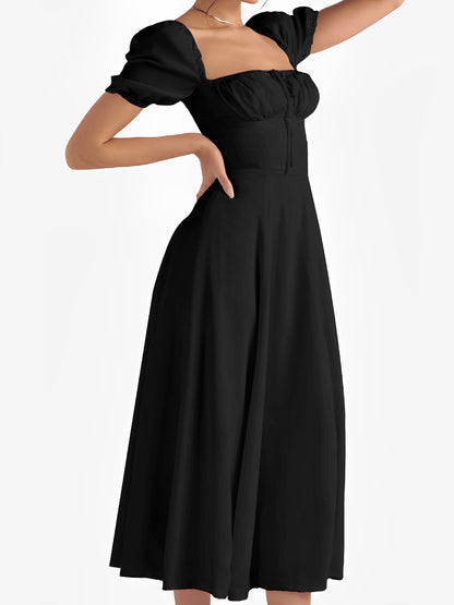 Flattering A-Line Silhouette with Asymmetrical Ruches Puff Sleeve Solid Color Ruched Midi A-Line Date Nights & Garden Parties Dress