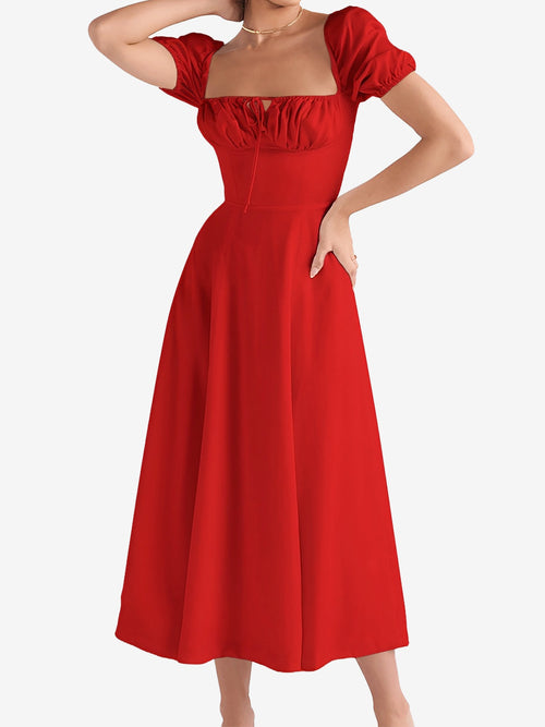 Flattering A-Line Silhouette with Asymmetrical Ruches Puff Sleeve Solid Color Ruched Midi A-Line Date Nights & Garden Parties Dress