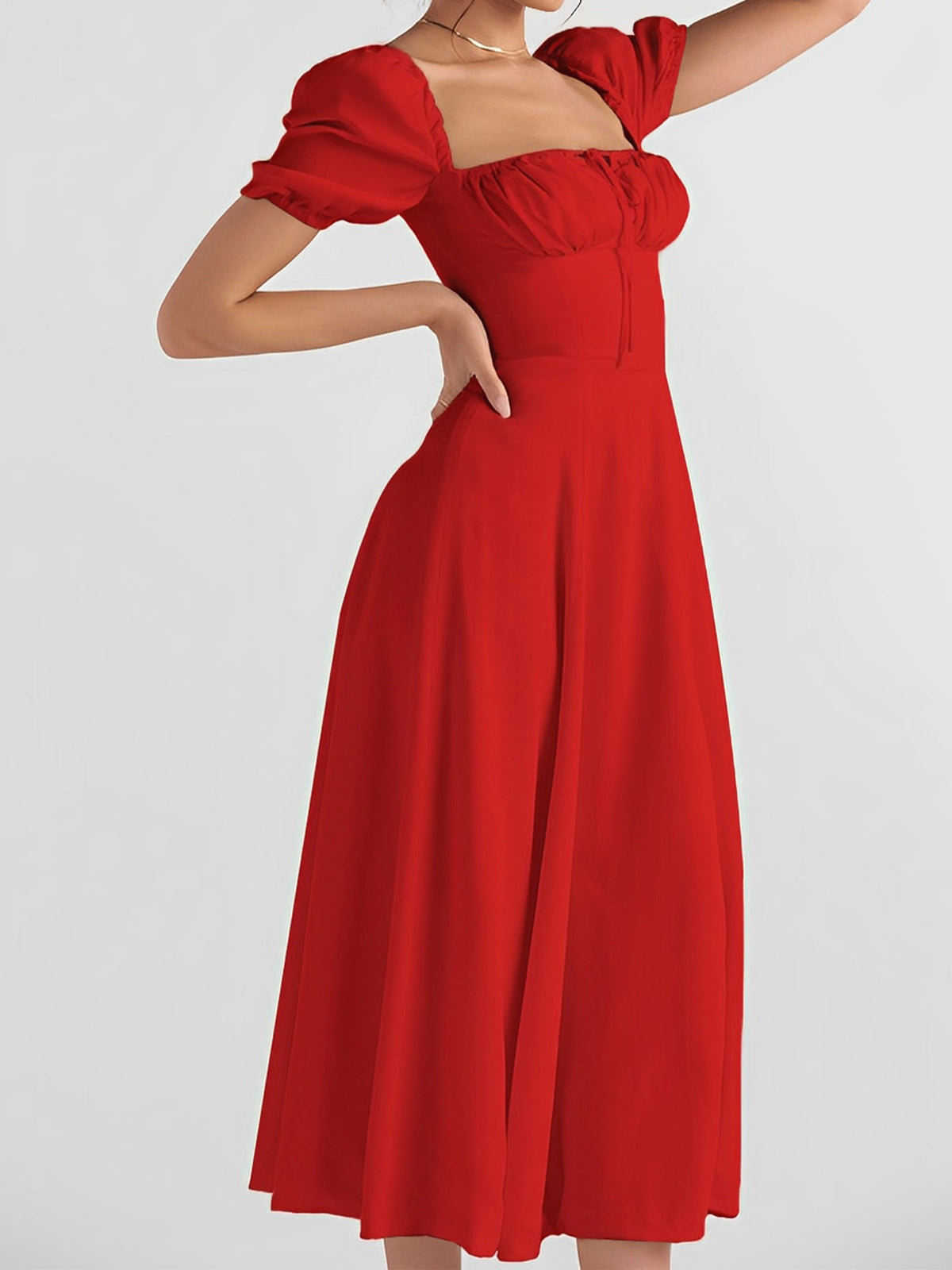 Flattering A-Line Silhouette with Asymmetrical Ruches Puff Sleeve Solid Color Ruched Midi A-Line Date Nights & Garden Parties Dress
