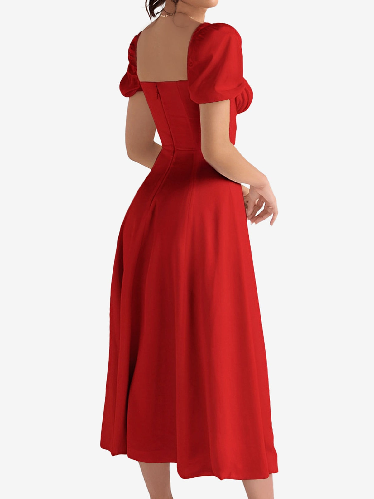 Flattering A-Line Silhouette with Asymmetrical Ruches Puff Sleeve Solid Color Ruched Midi A-Line Date Nights & Garden Parties Dress