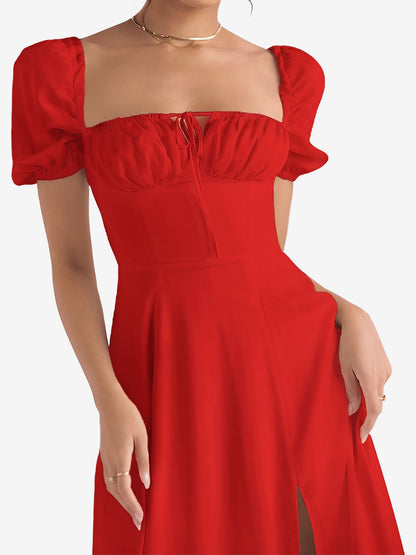 Flattering A-Line Silhouette with Asymmetrical Ruches Puff Sleeve Solid Color Ruched Midi A-Line Date Nights & Garden Parties Dress