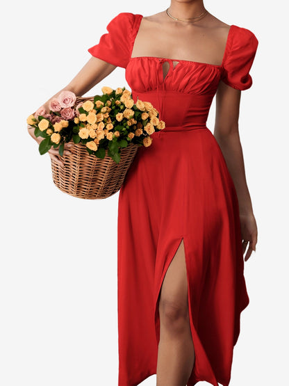 Flattering A-Line Silhouette with Asymmetrical Ruches Puff Sleeve Solid Color Ruched Midi A-Line Date Nights & Garden Parties Dress