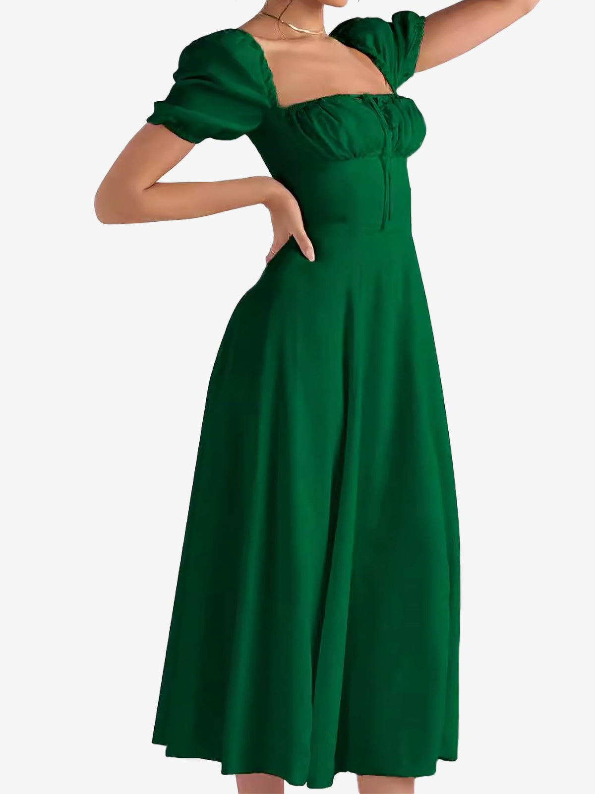 Flattering A-Line Silhouette with Asymmetrical Ruches Puff Sleeve Solid Color Ruched Midi A-Line Date Nights & Garden Parties Dress