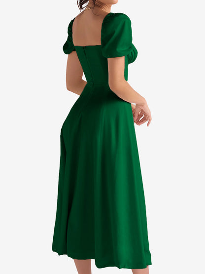 Flattering A-Line Silhouette with Asymmetrical Ruches Puff Sleeve Solid Color Ruched Midi A-Line Date Nights & Garden Parties Dress