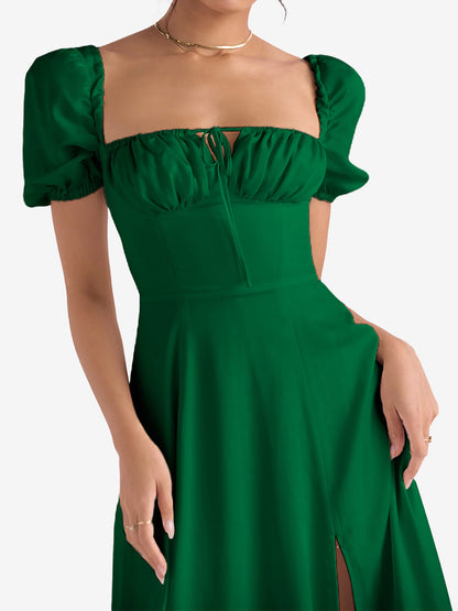 Flattering A-Line Silhouette with Asymmetrical Ruches Puff Sleeve Solid Color Ruched Midi A-Line Date Nights & Garden Parties Dress