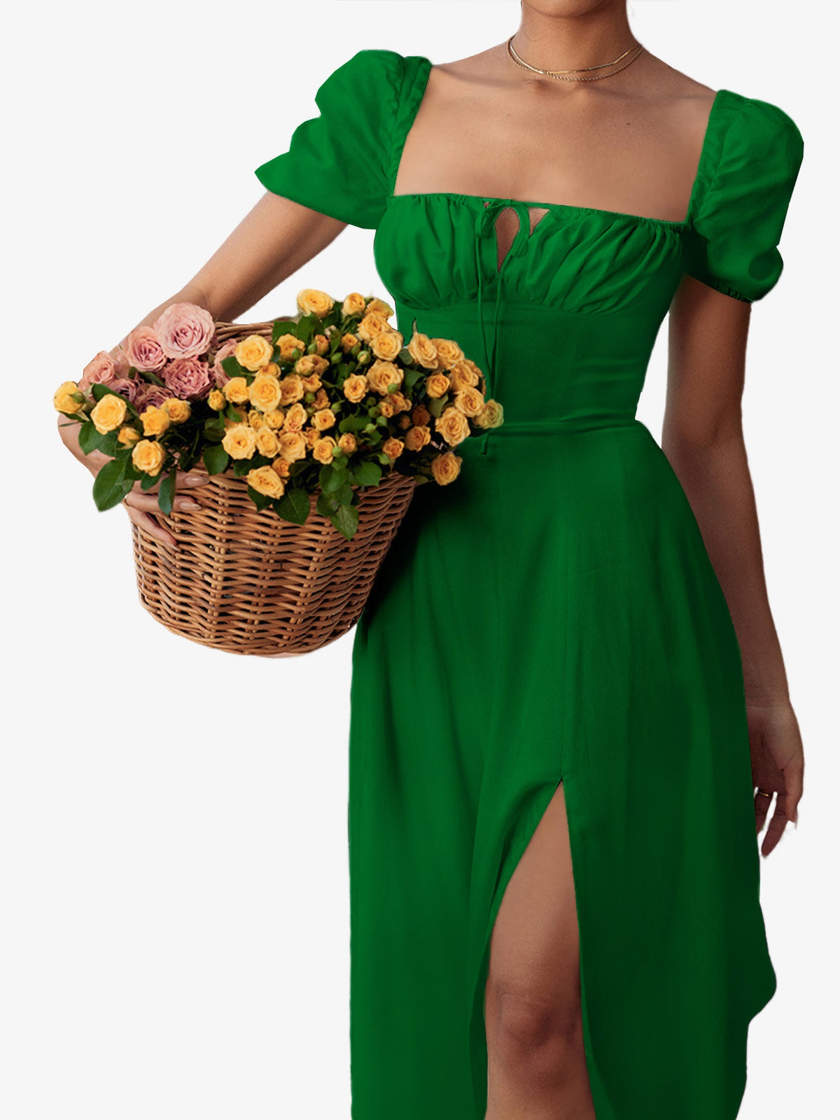 Flattering A-Line Silhouette with Asymmetrical Ruches Puff Sleeve Solid Color Ruched Midi A-Line Date Nights & Garden Parties Dress