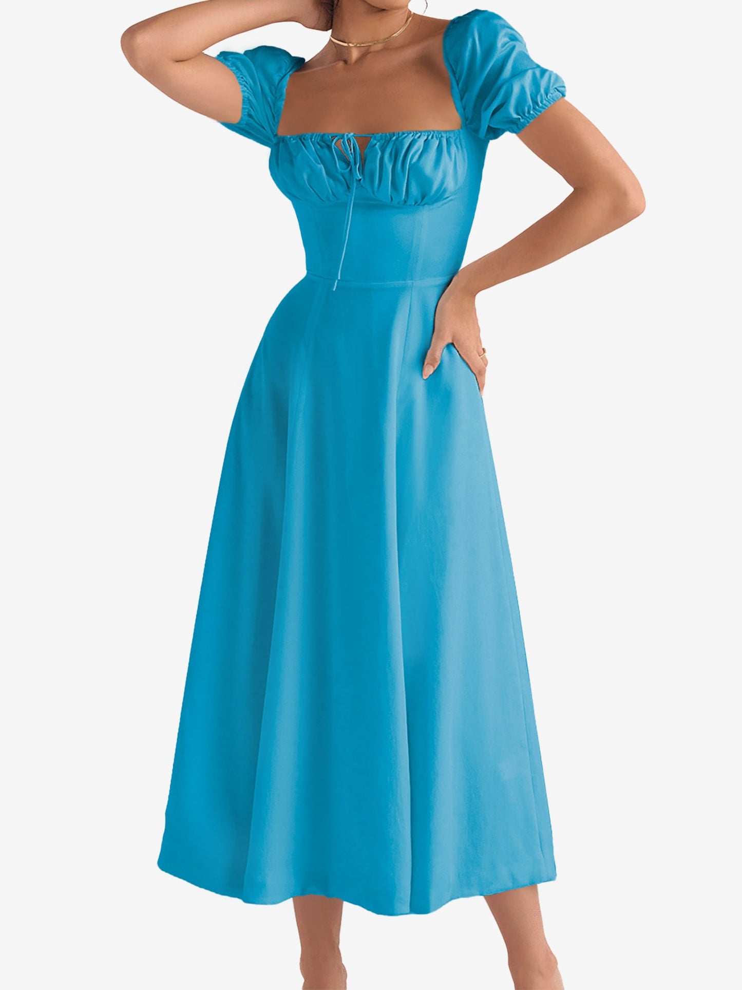 Flattering A-Line Silhouette with Asymmetrical Ruches Puff Sleeve Solid Color Ruched Midi A-Line Date Nights & Garden Parties Dress