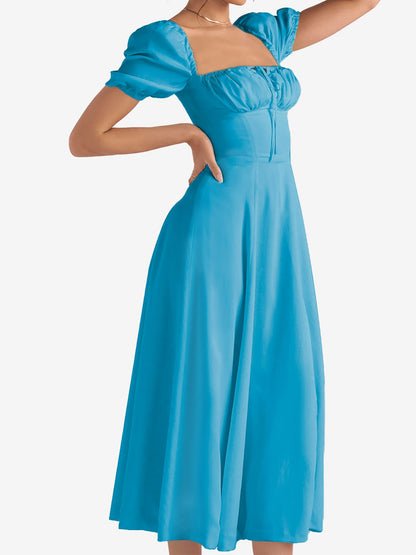 Flattering A-Line Silhouette with Asymmetrical Ruches Puff Sleeve Solid Color Ruched Midi A-Line Date Nights & Garden Parties Dress