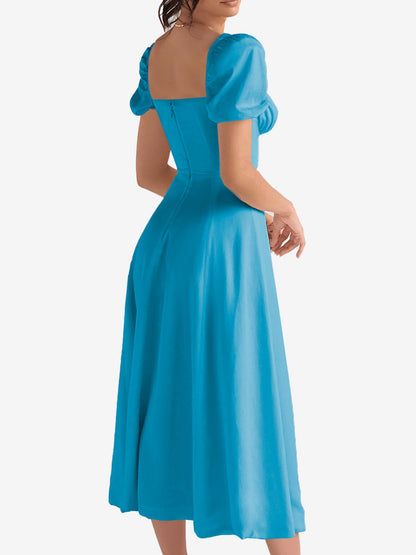 Flattering A-Line Silhouette with Asymmetrical Ruches Puff Sleeve Solid Color Ruched Midi A-Line Date Nights & Garden Parties Dress