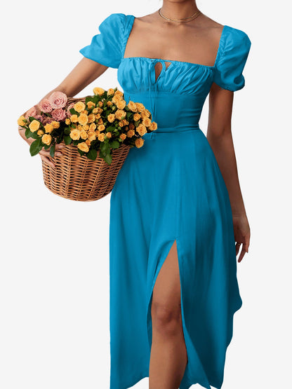 Flattering A-Line Silhouette with Asymmetrical Ruches Puff Sleeve Solid Color Ruched Midi A-Line Date Nights & Garden Parties Dress