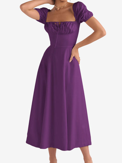 Flattering A-Line Silhouette with Asymmetrical Ruches Puff Sleeve Solid Color Ruched Midi A-Line Date Nights & Garden Parties Dress