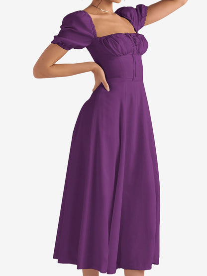 Flattering A-Line Silhouette with Asymmetrical Ruches Puff Sleeve Solid Color Ruched Midi A-Line Date Nights & Garden Parties Dress
