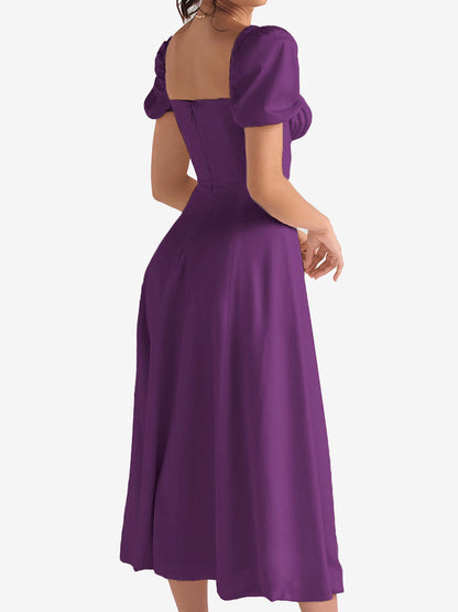 Flattering A-Line Silhouette with Asymmetrical Ruches Puff Sleeve Solid Color Ruched Midi A-Line Date Nights & Garden Parties Dress