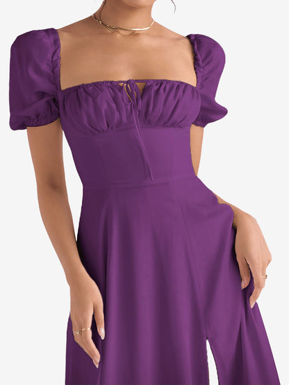 Flattering A-Line Silhouette with Asymmetrical Ruches Puff Sleeve Solid Color Ruched Midi A-Line Date Nights & Garden Parties Dress