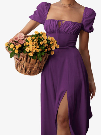 Flattering A-Line Silhouette with Asymmetrical Ruches Puff Sleeve Solid Color Ruched Midi A-Line Date Nights & Garden Parties Dress