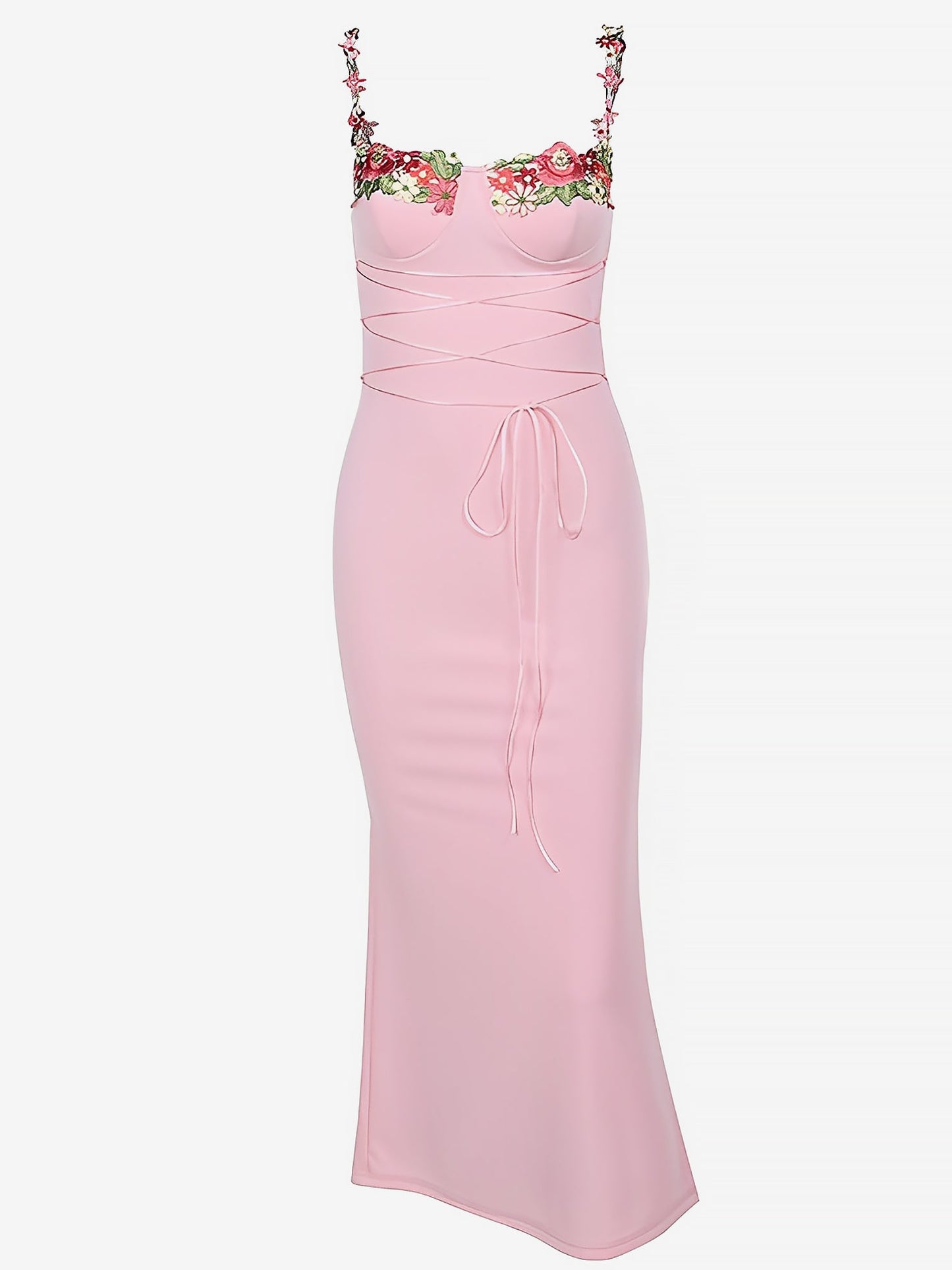 Floral Embroidery & Adjustable Straps Lace-up Bodycon Maxi Evening Party Dress