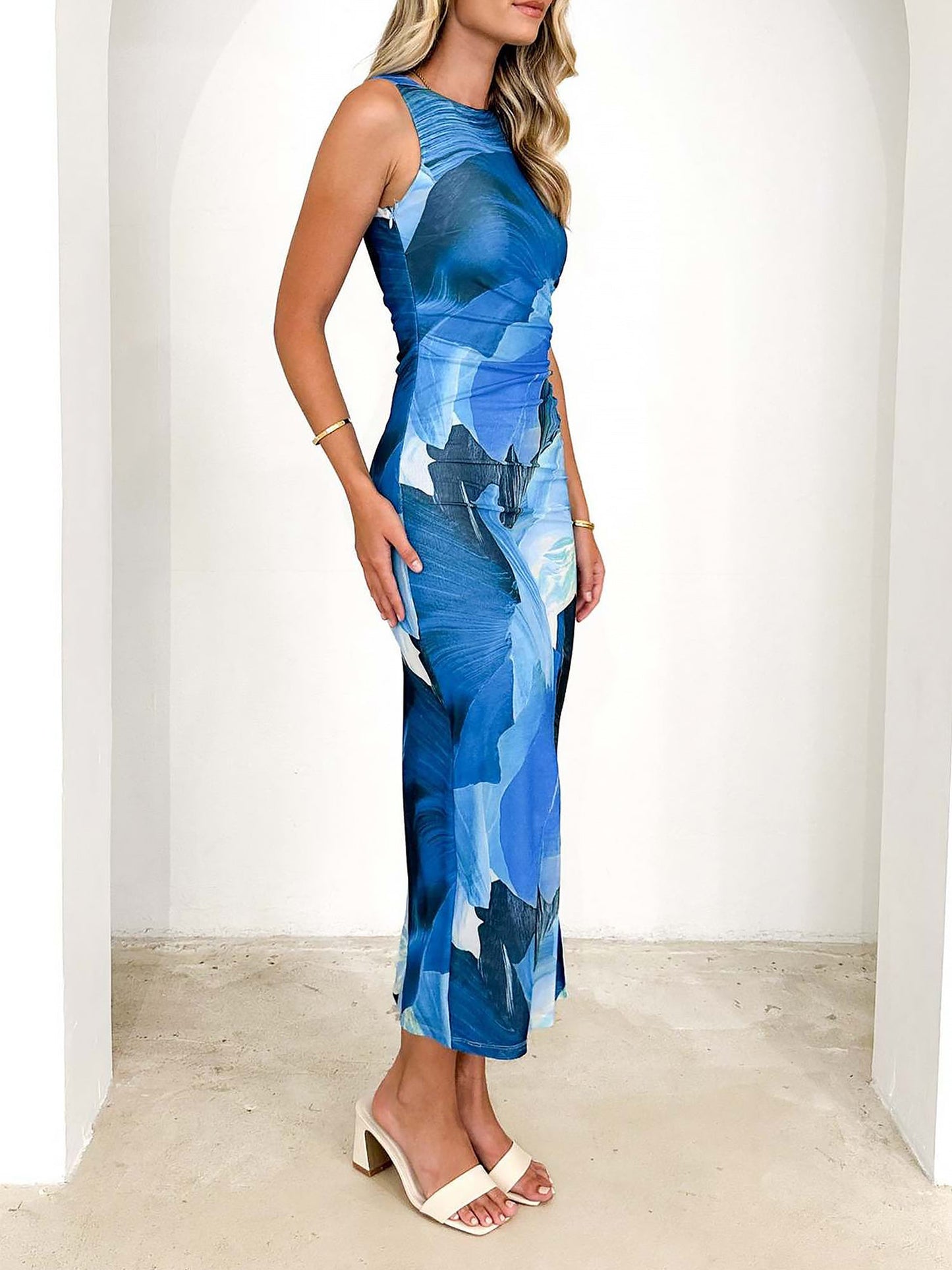 Lightweight Summer Floral Printed Mesh Sleeveless Slit Bodycon Maxi Dress for Beach Parties