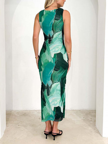 Lightweight Summer Floral Printed Mesh Sleeveless Slit Bodycon Maxi Dress for Beach Parties