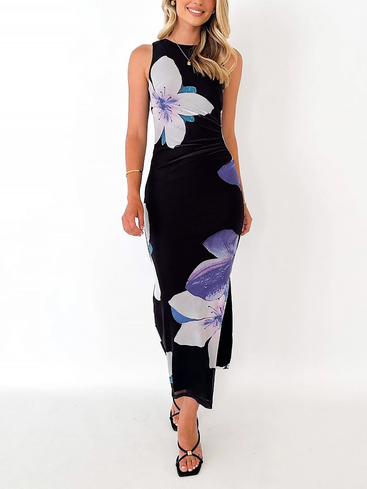Lightweight Summer Floral Printed Mesh Sleeveless Slit Bodycon Maxi Dress for Beach Parties