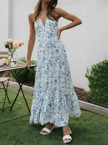 Halter Neck Backless Ruched Tiered Maxi Dress