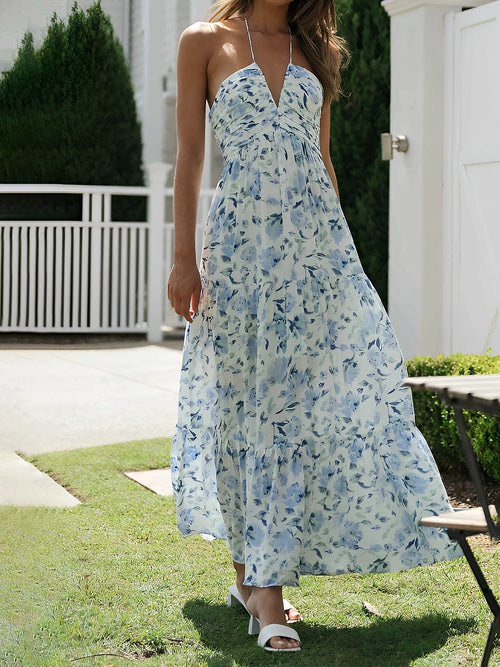 Halter Neck Backless Ruched Tiered Maxi Dress