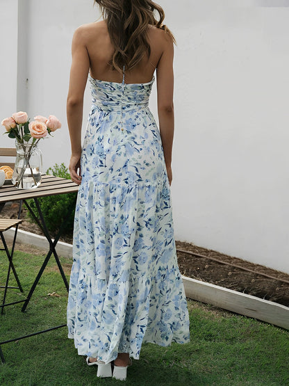 Halter Neck Backless Ruched Tiered Maxi Dress