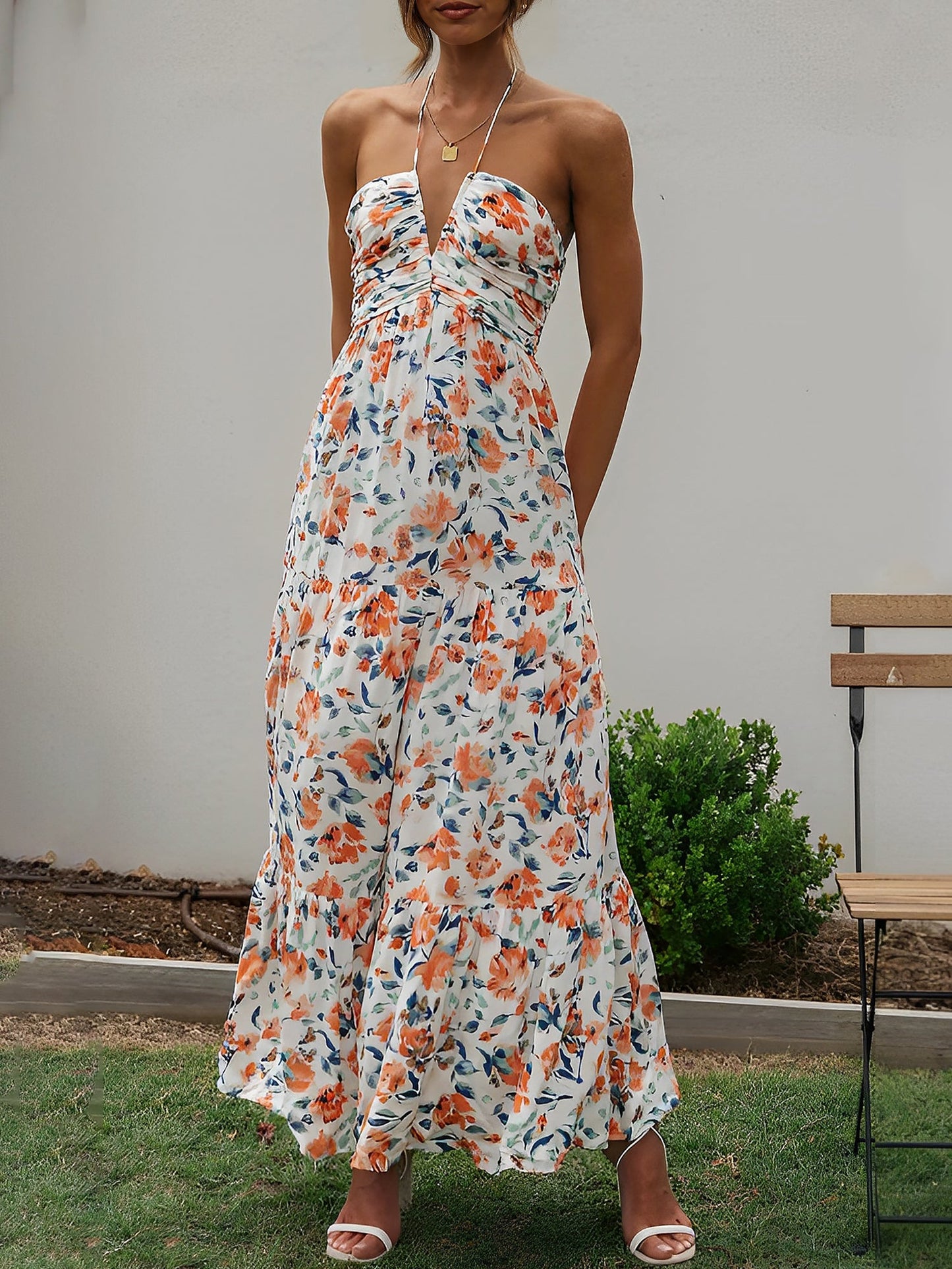Halter Neck Backless Ruched Tiered Maxi Dress