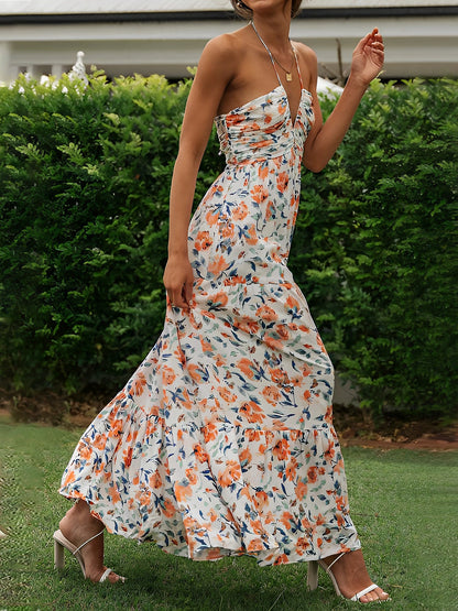 Halter Neck Backless Ruched Tiered Maxi Dress