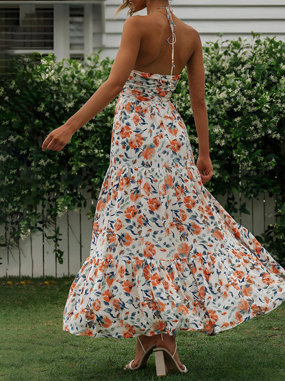 Halter Neck Backless Ruched Tiered Maxi Dress