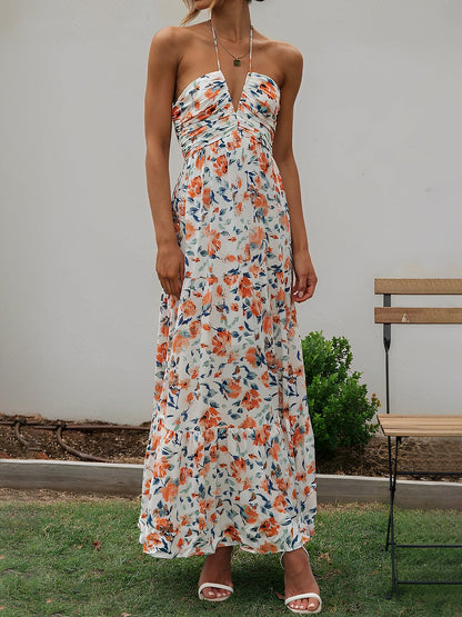 Halter Neck Backless Ruched Tiered Maxi Dress
