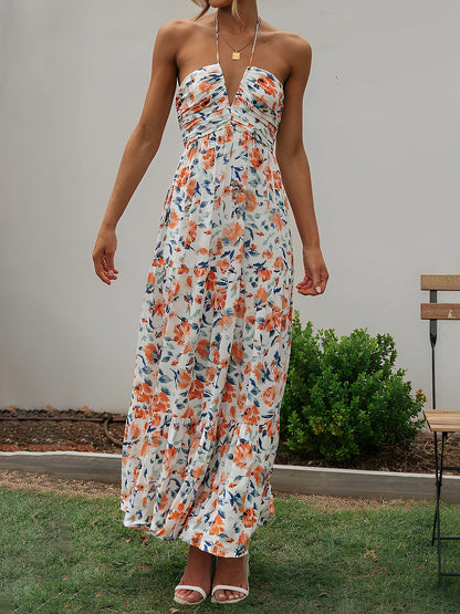 Halter Neck Backless Ruched Tiered Maxi Dress