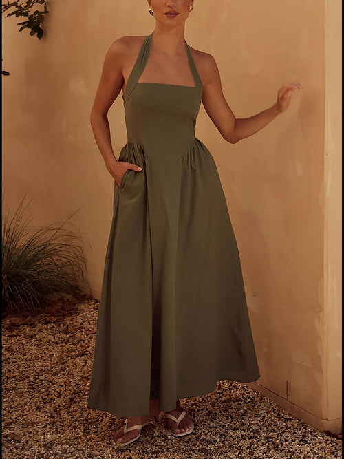 Halter Neck Backless Pocketed A-Line Midi Dress
