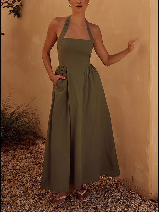 Halter Neck Backless Pocketed A-Line Midi Dress