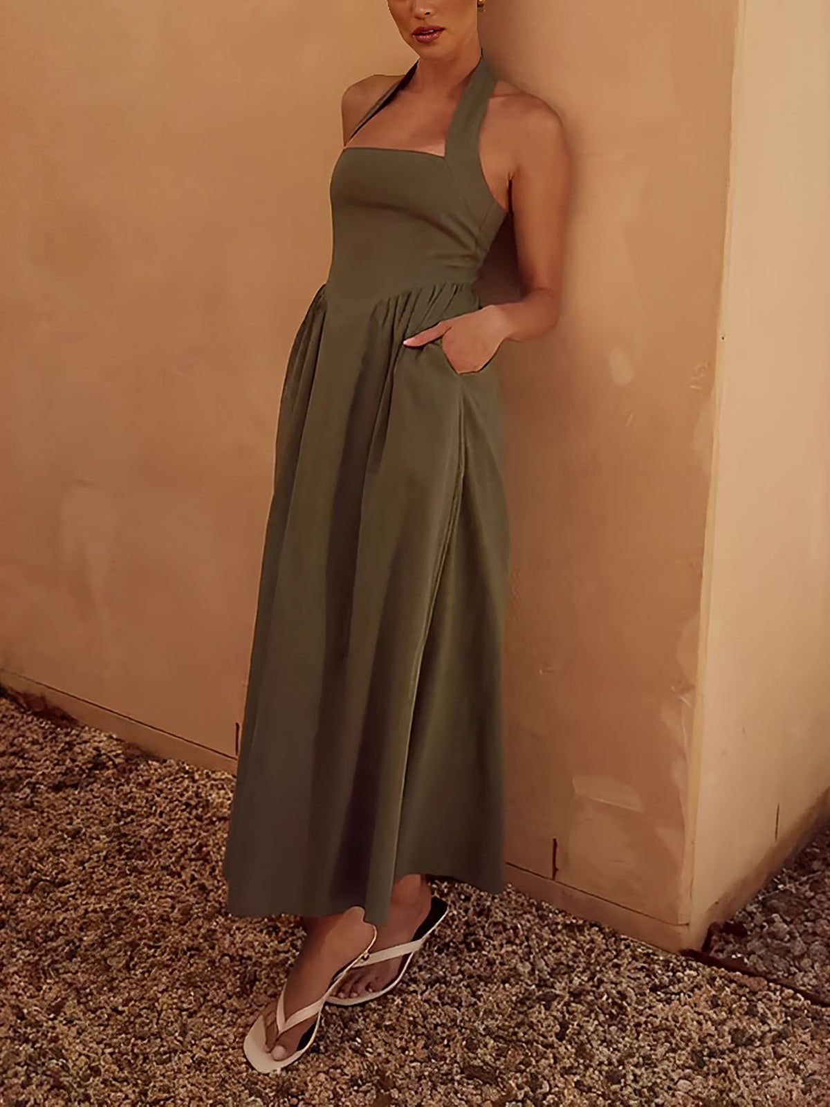 Halter Neck Backless Pocketed A-Line Midi Dress