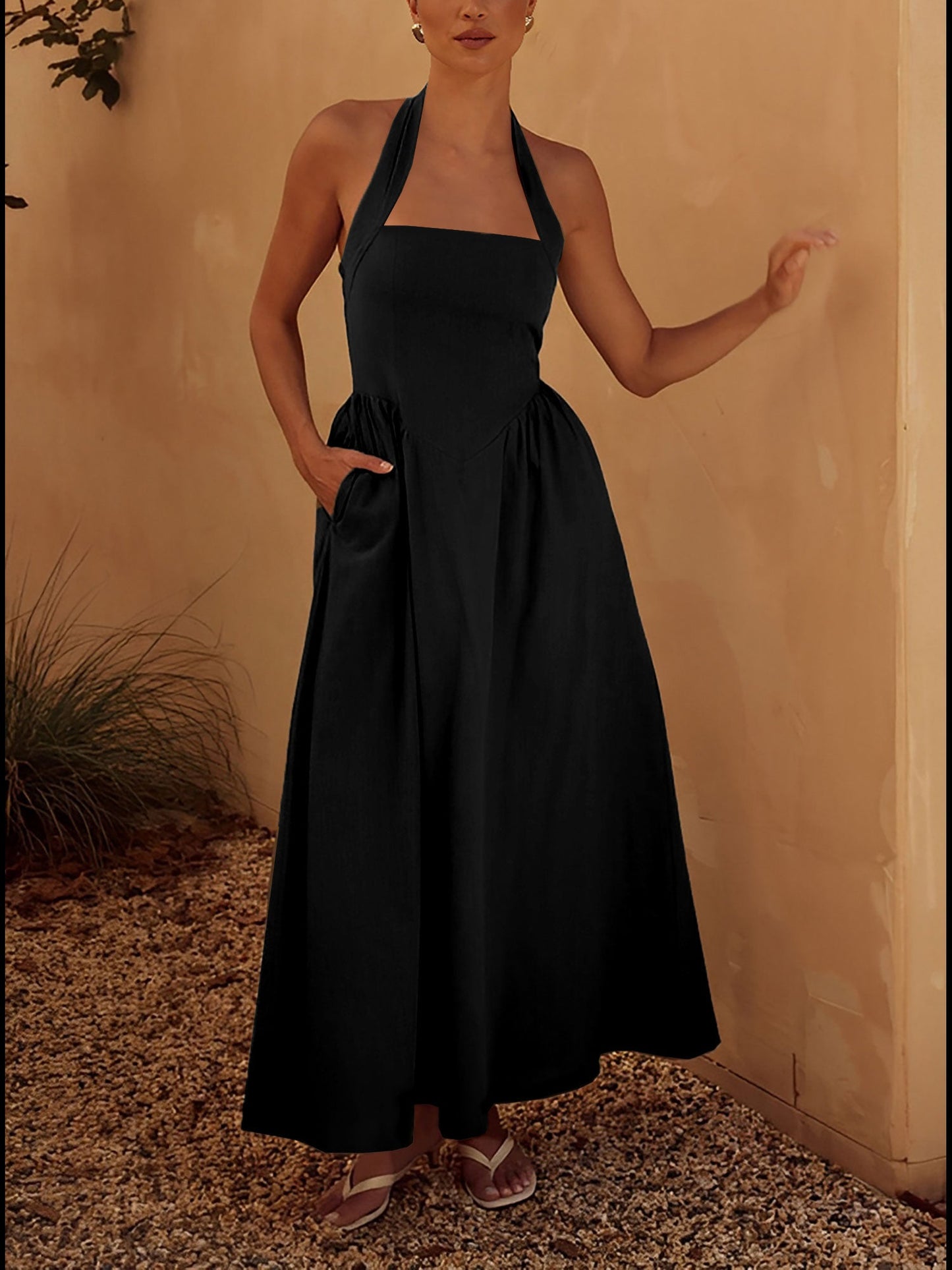 Halter Neck Backless Pocketed A-Line Midi Dress