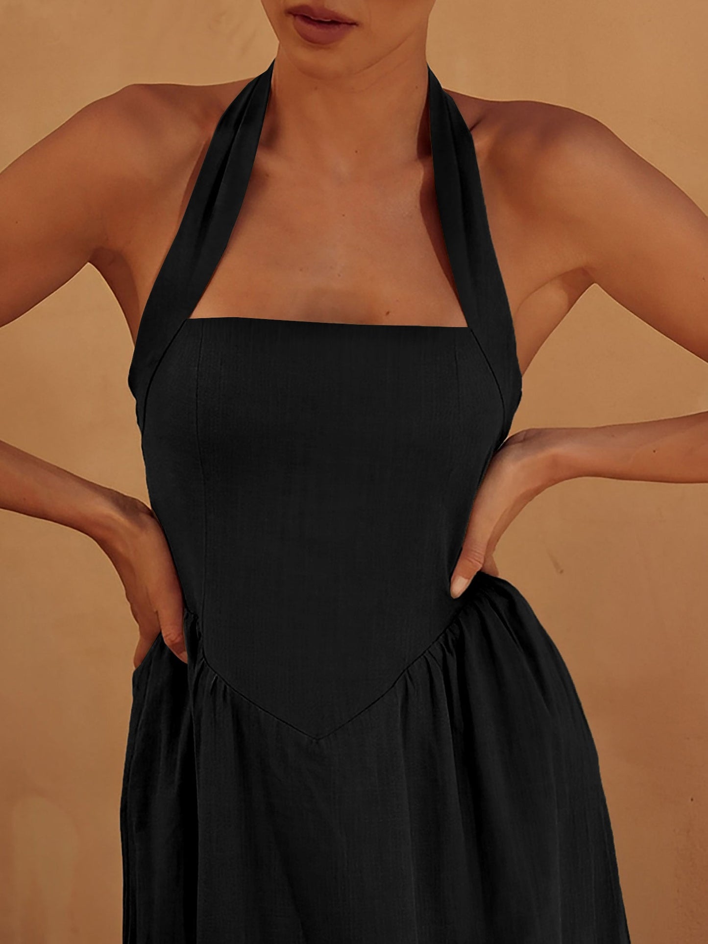 Halter Neck Backless Pocketed A-Line Midi Dress