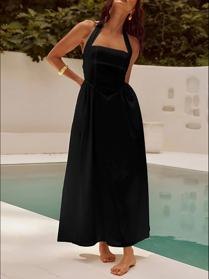 Halter Neck Backless Pocketed A-Line Midi Dress