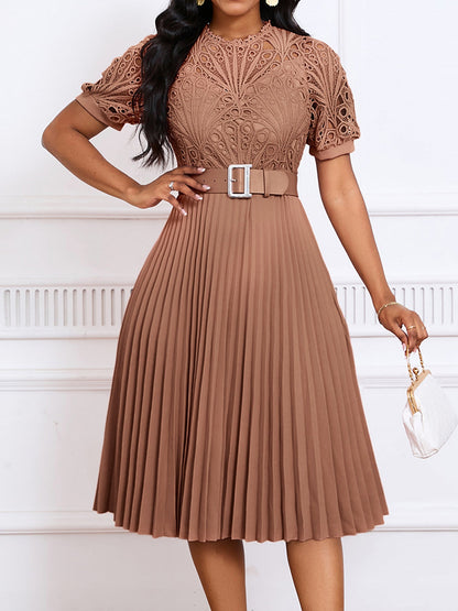 Elegant Vintage-Inspired Lace Patchwork Belted Pleated Midi Dress