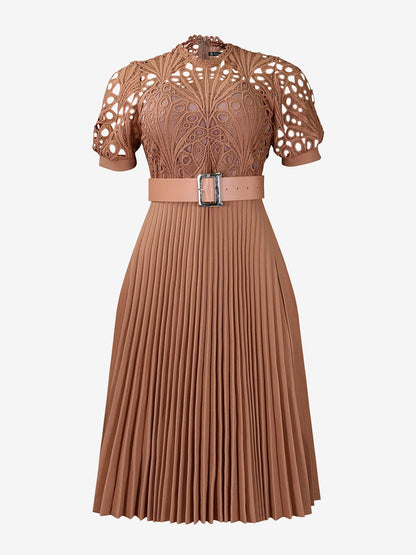 Elegant Vintage-Inspired Lace Patchwork Belted Pleated Midi Dress