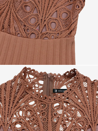 Elegant Vintage-Inspired Lace Patchwork Belted Pleated Midi Dress
