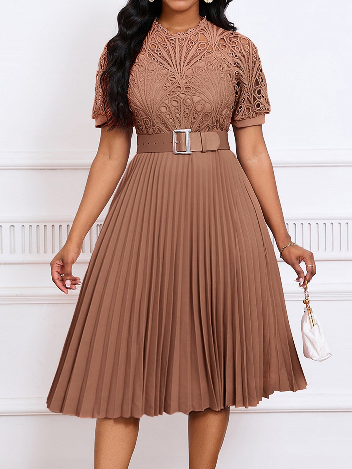 Elegant Vintage-Inspired Lace Patchwork Belted Pleated Midi Dress