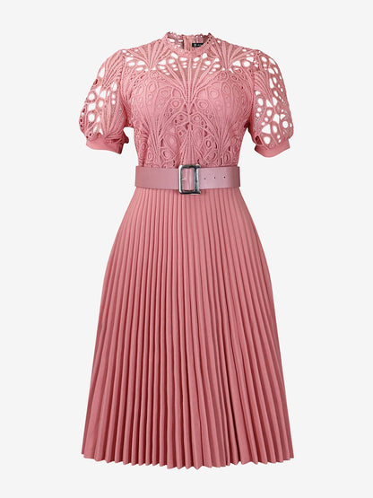 Elegant Vintage-Inspired Lace Patchwork Belted Pleated Midi Dress
