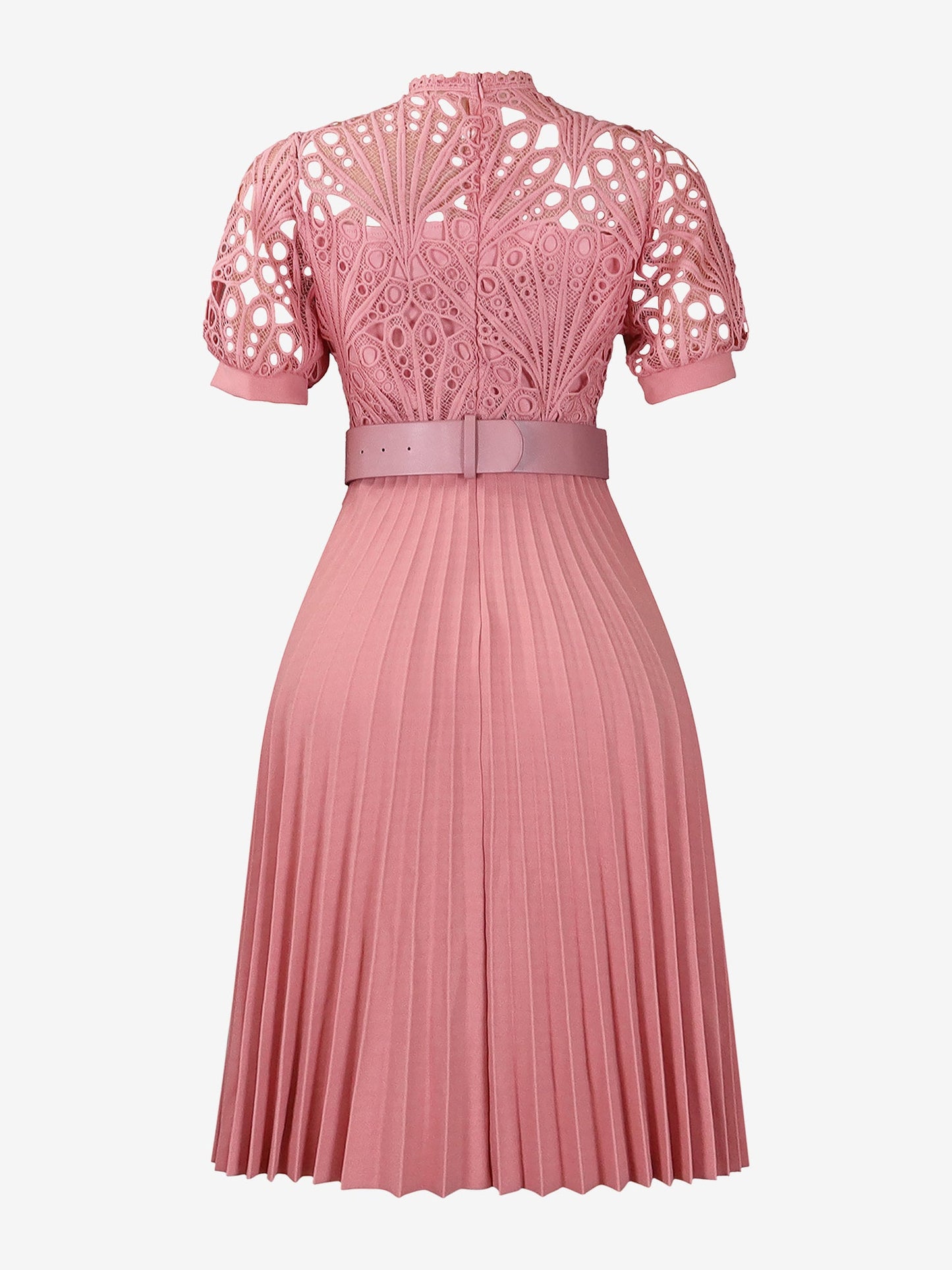Elegant Vintage-Inspired Lace Patchwork Belted Pleated Midi Dress