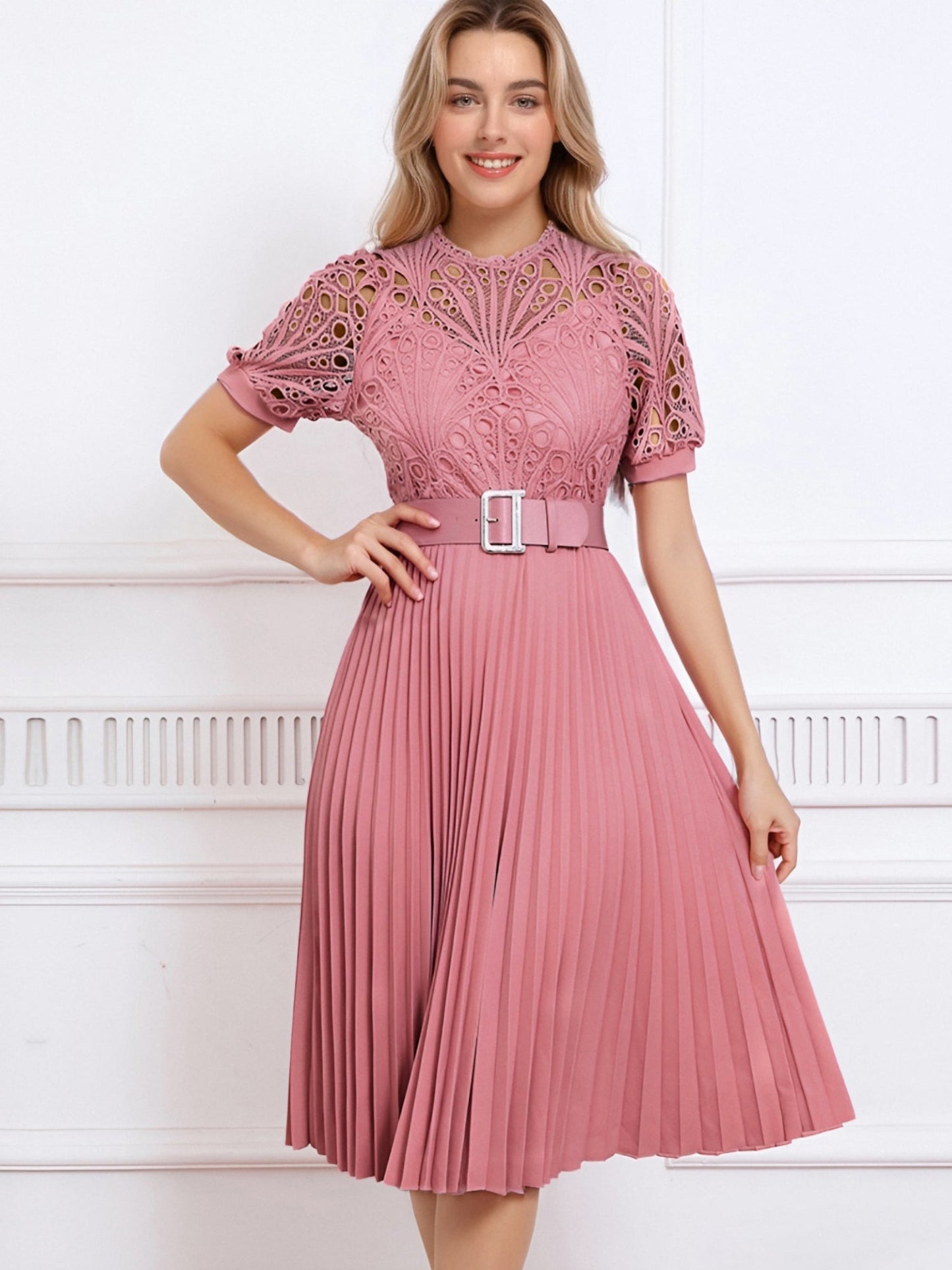 Elegant Vintage-Inspired Lace Patchwork Belted Pleated Midi Dress