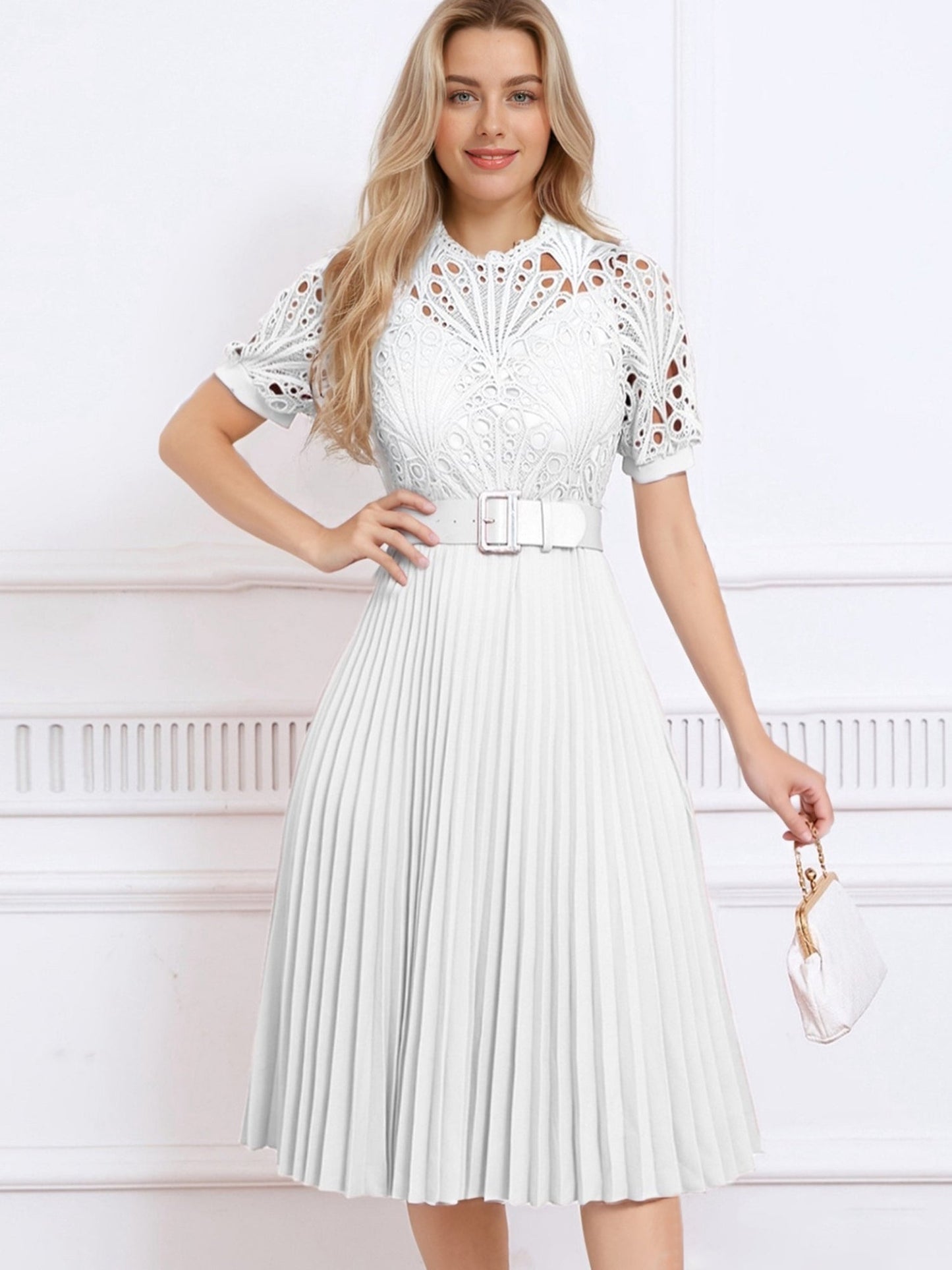 Elegant Vintage-Inspired Lace Patchwork Belted Pleated Midi Dress