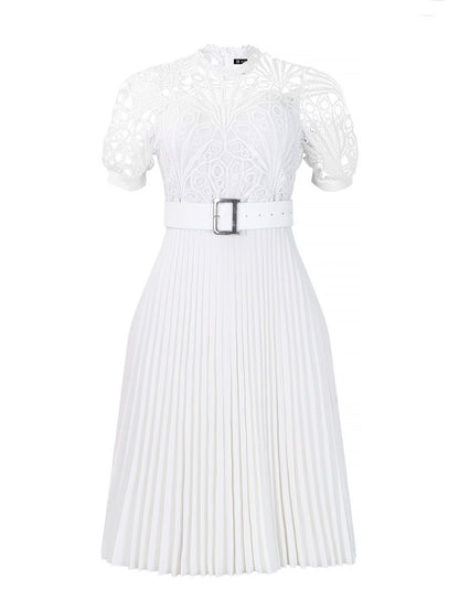 Elegant Vintage-Inspired Lace Patchwork Belted Pleated Midi Dress
