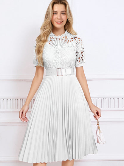 Elegant Vintage-Inspired Lace Patchwork Belted Pleated Midi Dress
