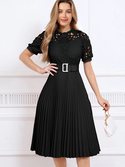 Elegant Vintage-Inspired Lace Patchwork Belted Pleated Midi Dress