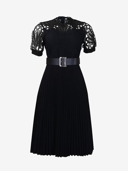 Elegant Vintage-Inspired Lace Patchwork Belted Pleated Midi Dress