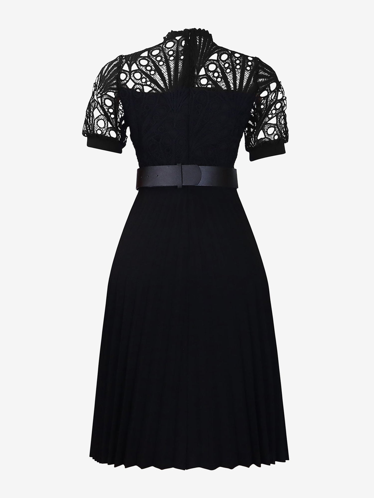 Elegant Vintage-Inspired Lace Patchwork Belted Pleated Midi Dress